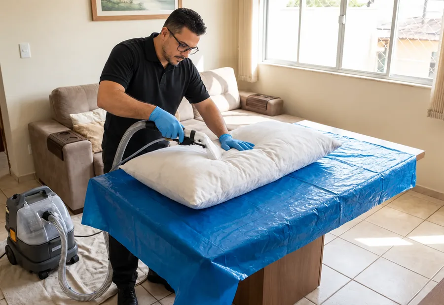 Técnico da Lava Tudo VIP limpando um travesseiro com equipamento profissional